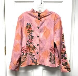 Alex Kim Jacket Peach Floral Cotton Cropped Lined Shoulder Pads Size M